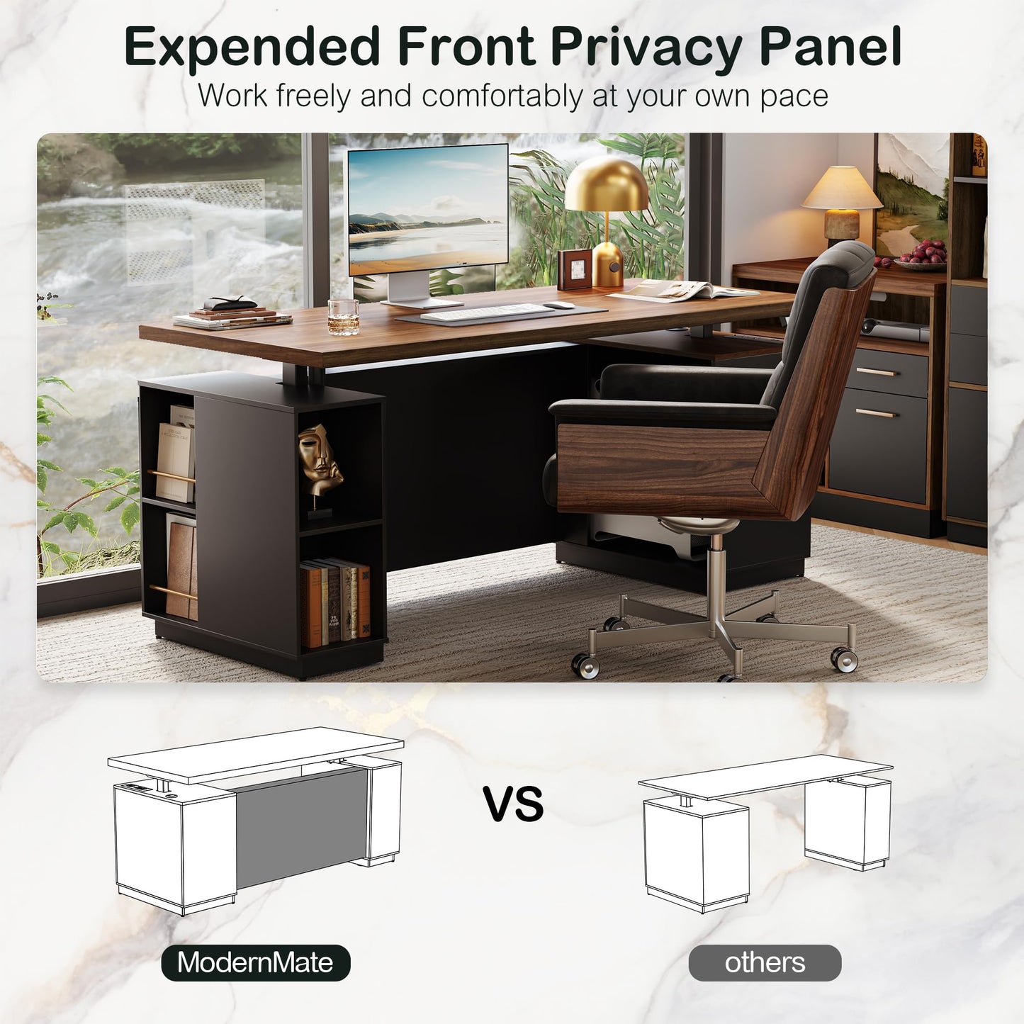L-Shaped Standing Desk with File Cabinet & USB Charging