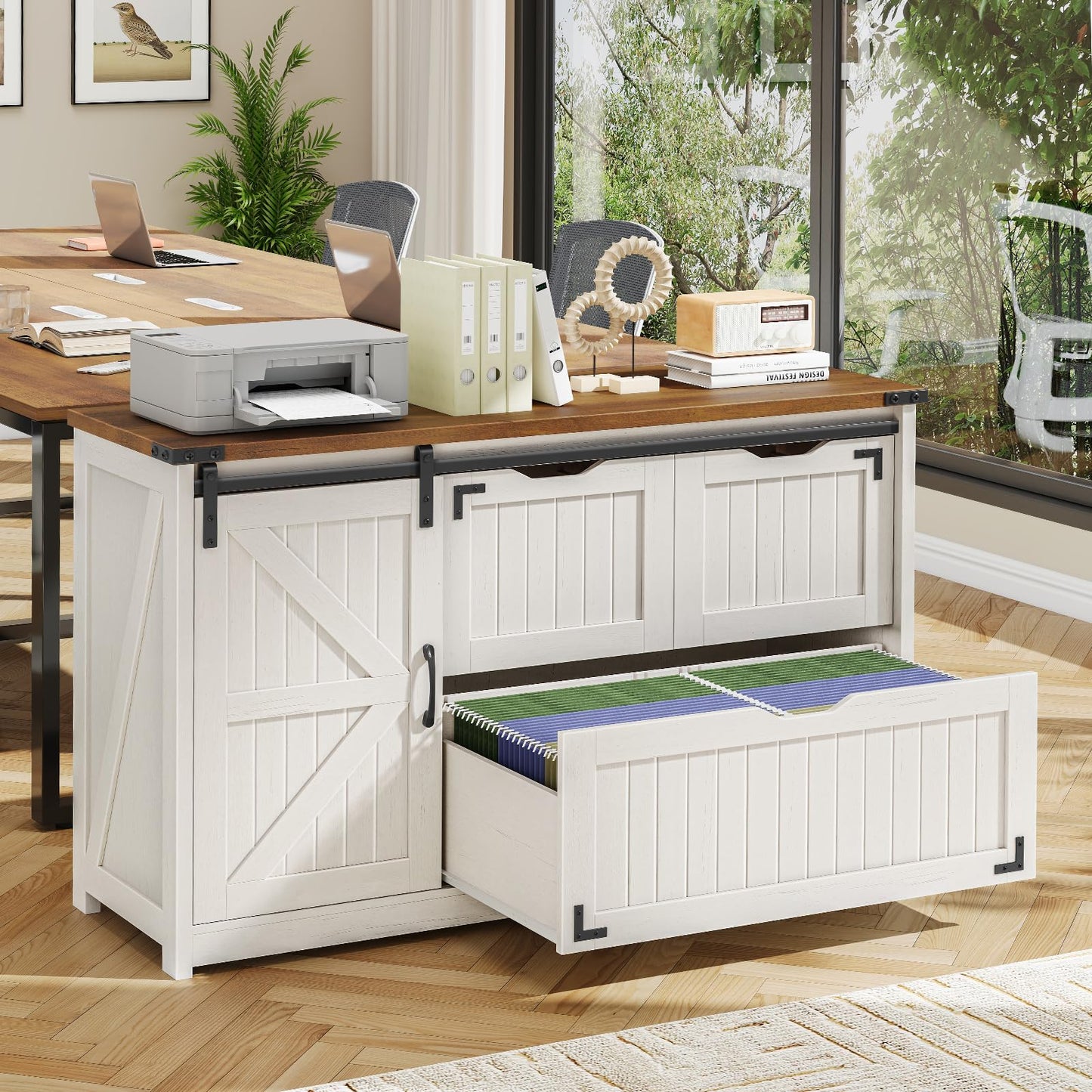 Farmhouse File Cabinet with Storage Drawers & Open Shelves