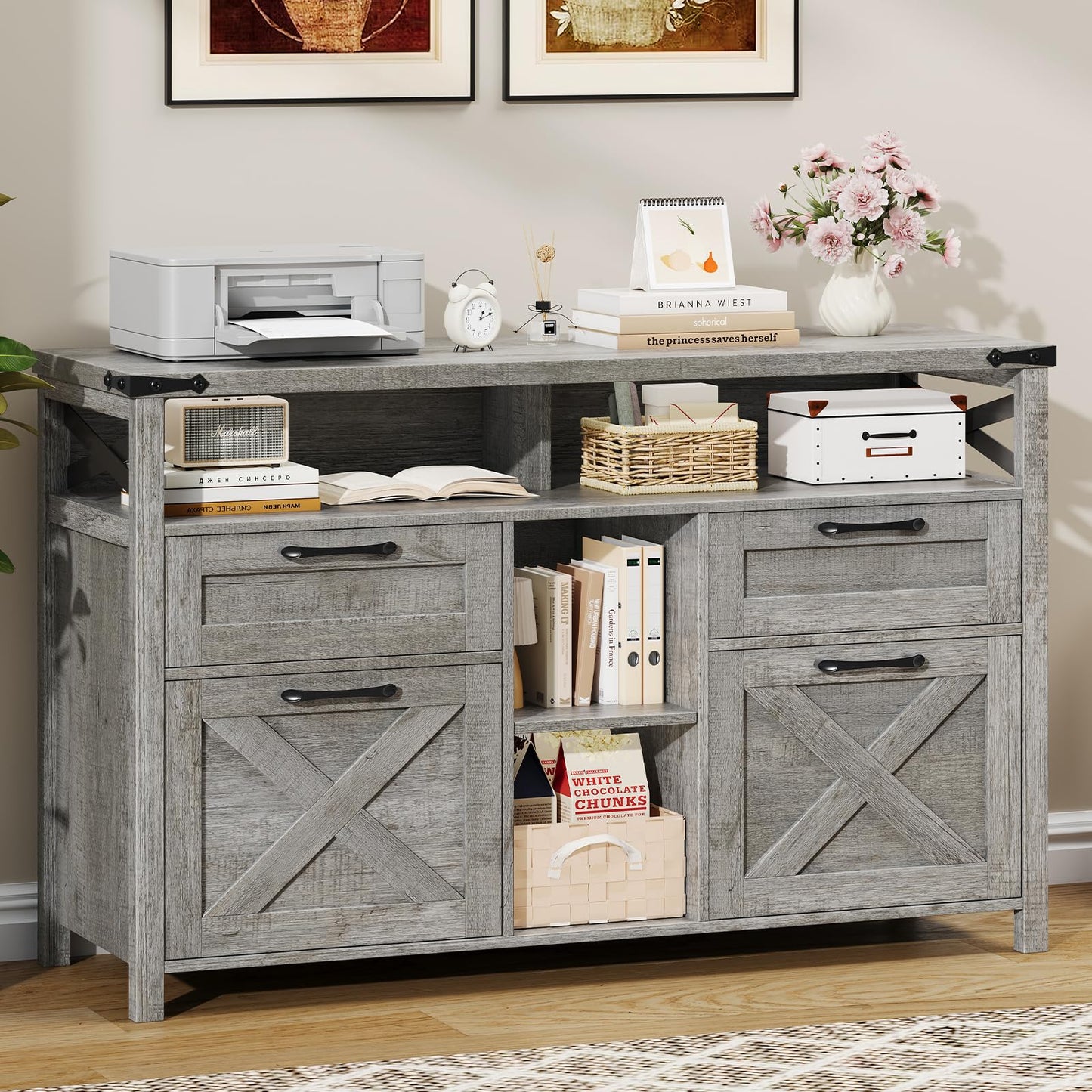 Farmhouse File Cabinet with Storage Drawers & Open Shelves