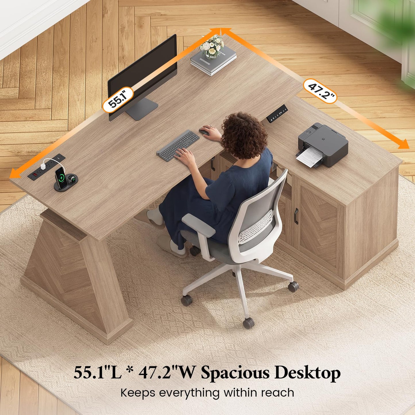 Farmhouse L-Shaped Standing Desk with Storage Cabinets