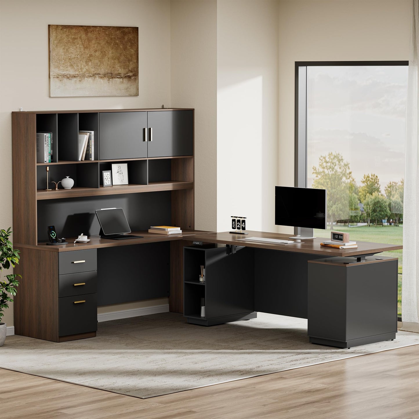 Executive Standing Desk with Hutch, File Cabinet & Charging Station