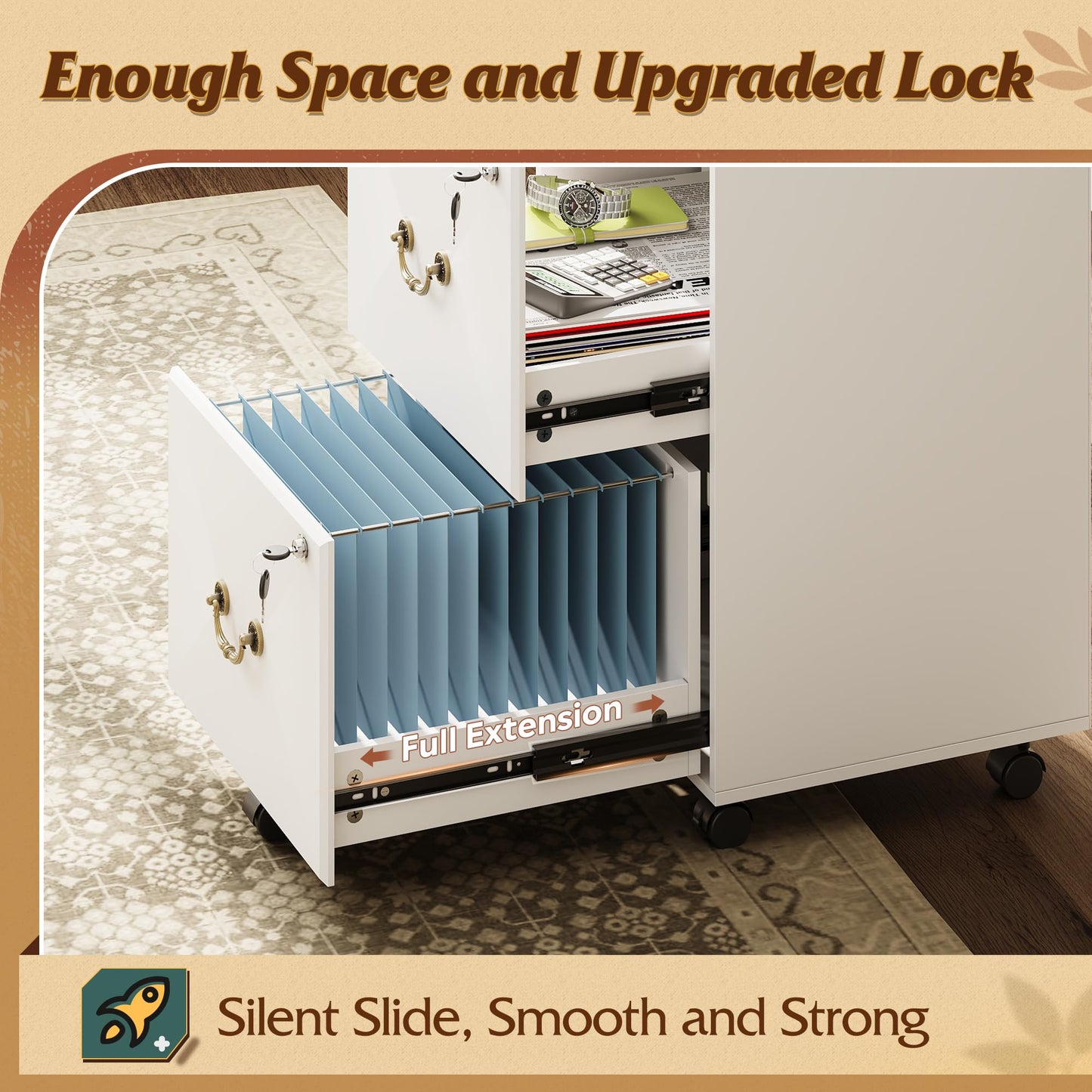 2-Drawer Rolling File Cabinet with Lock