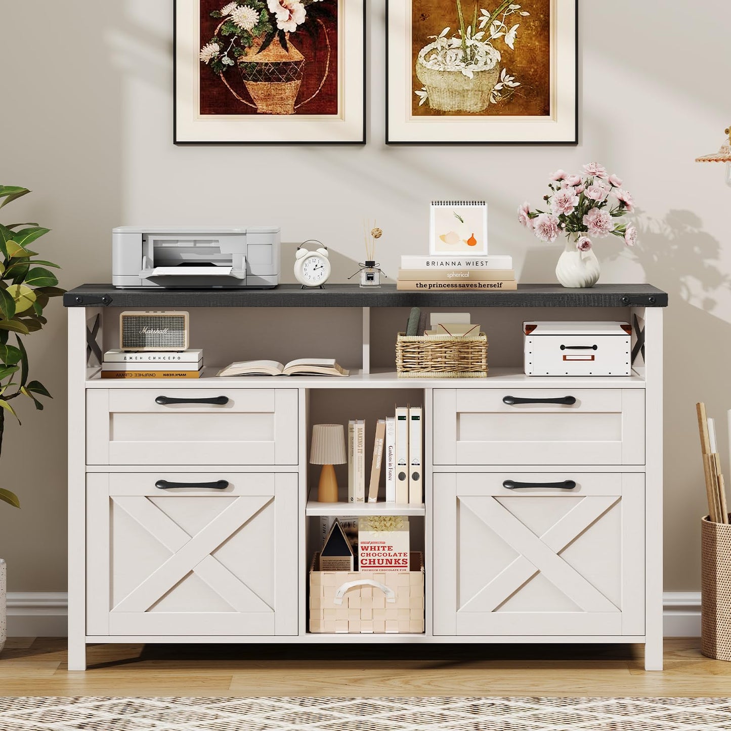 Farmhouse File Cabinet with Storage Drawers & Open Shelves