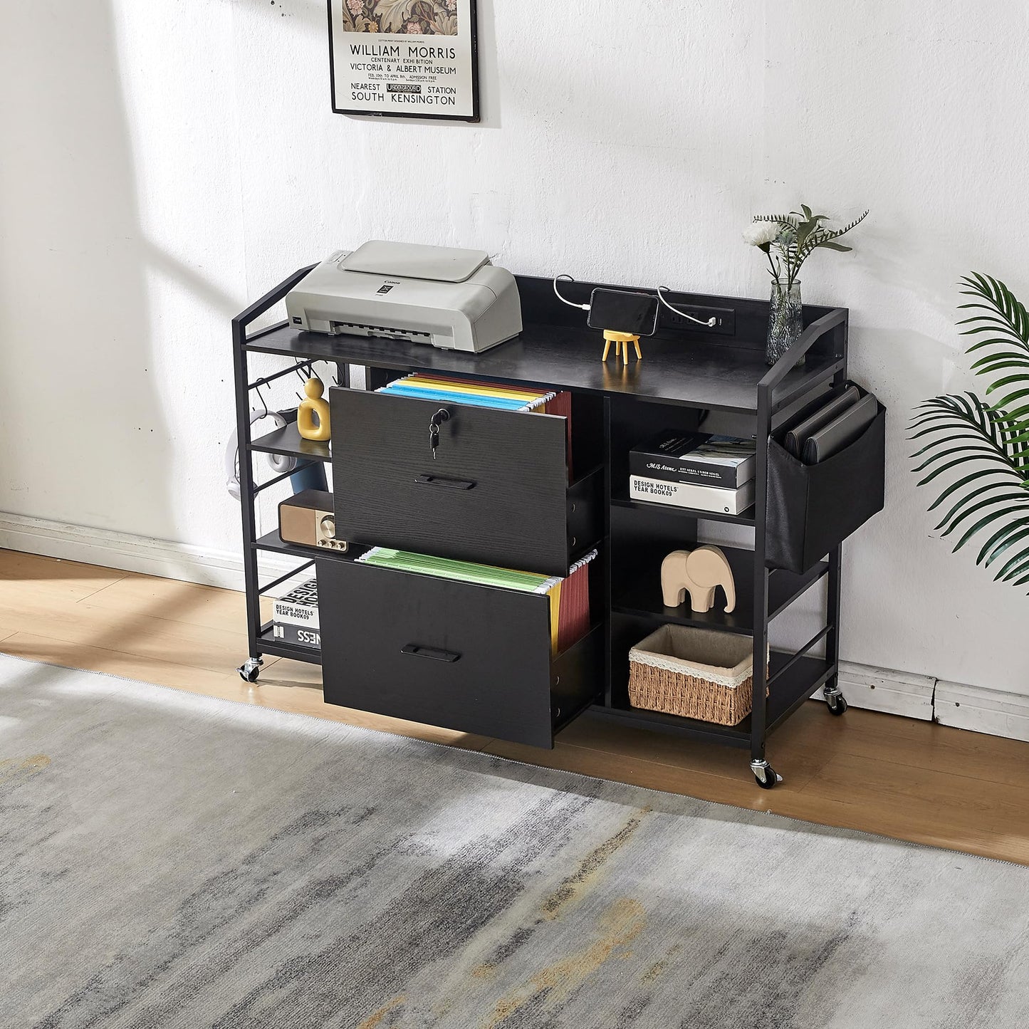Mobile File Cabinet with Power Outlet & Storage Shelves