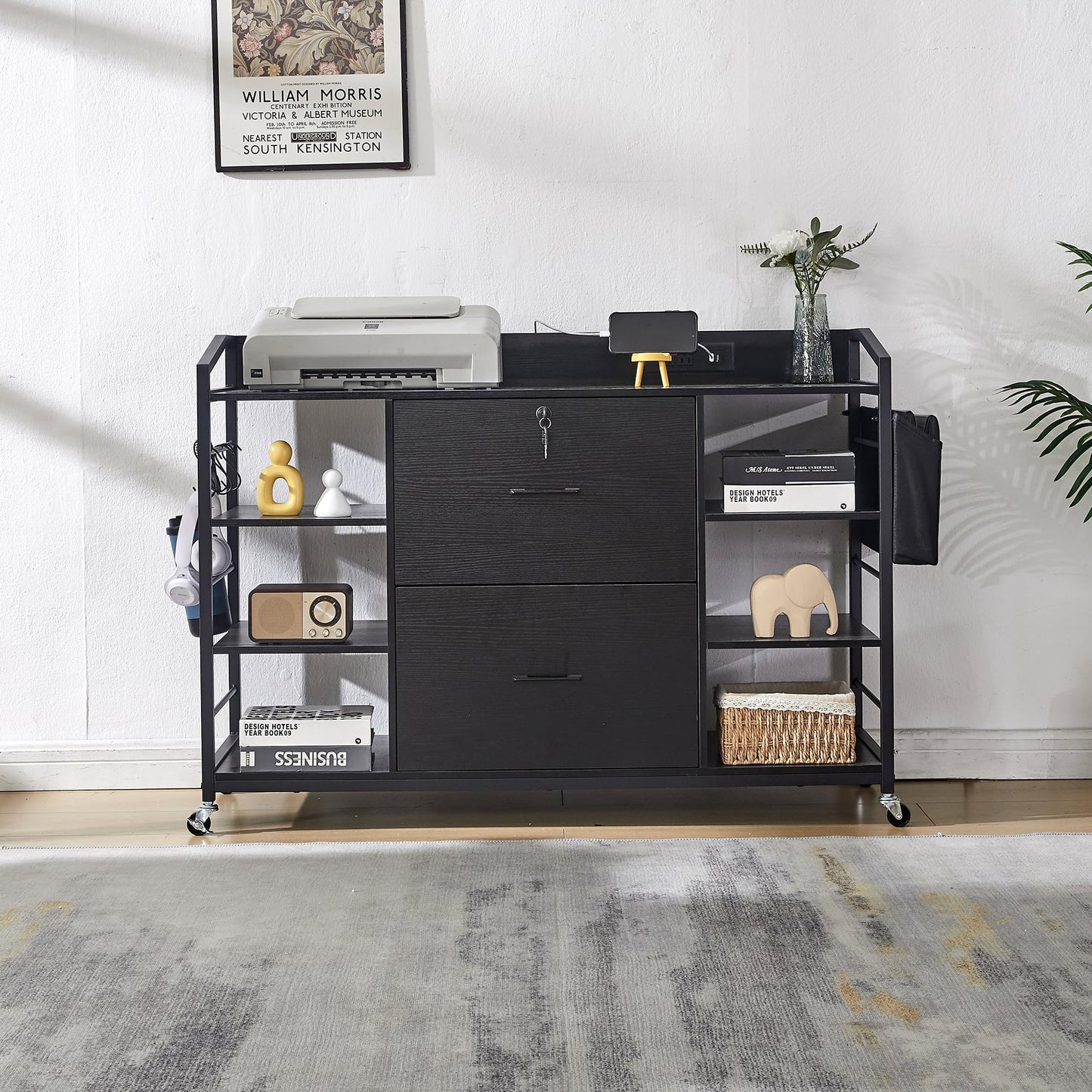Mobile File Cabinet with Power Outlet & Storage Shelves
